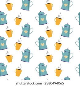 Seamless pattern with ceramic kettle and cup. Home decor, pot with hot drink, coffee, tea. Porcelain kitchen tableware. Vector flat design, doodle style.