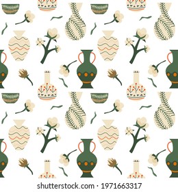 Seamless pattern with ceramic, pottery and cotton. Trendy design for wallpaper, textile design, packing, fabric. Vintage classical design, clay decor