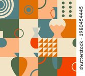 Seamless pattern with ceramic pottery. Geometric background in retro mid century style. Trendy design for wallpaper, textile design, packing, fabric. Vintage classical colors.