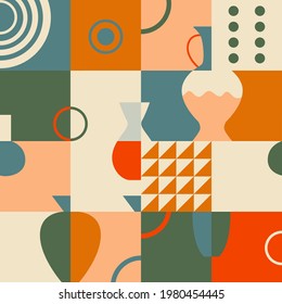 Seamless pattern with ceramic pottery. Geometric background in retro mid century style. Trendy design for wallpaper, textile design, packing, fabric. Vintage classical colors.