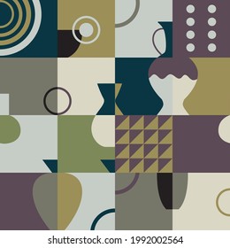 Seamless pattern with ceramic pottery. Geometric background in retro mid century style. Trendy design for wallpaper, textile design, packing, fabric. Vintage classical colors.