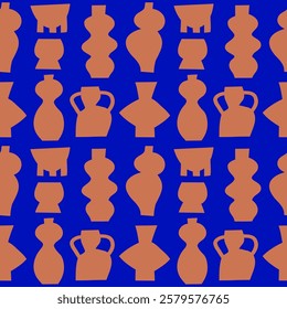 Seamless pattern with ceramic pottery tableware. Silhouettes of different pottery vases and ceramic shapes. Vector illustration.