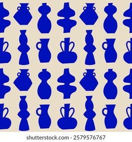 Seamless pattern with ceramic pottery tableware. Silhouettes of different pottery vases and ceramic shapes. Vector illustration.