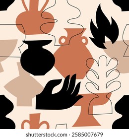 Seamless pattern with ceramic pottery tableware. Silhouettes of different pottery vases and ceramic shapes. Vector illustration.