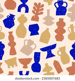 Seamless pattern with ceramic pottery tableware. Silhouettes of different pottery vases and ceramic shapes. Vector illustration.
