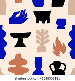 Seamless pattern with ceramic pottery tableware. Silhouettes of different pottery vases and ceramic shapes. Vector illustration.