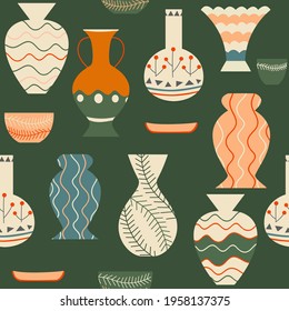 Seamless pattern with ceramic and pottery. Trendy design for wallpaper, textile design, packing, fabric. Vintage classical design, clay decor