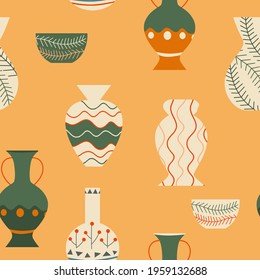 Seamless pattern with ceramic and pottery. Trendy design for wallpaper, textile design, packing, fabric. Vintage classical design, clay decor