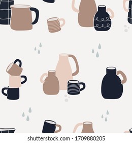 Seamless pattern with ceramic tableware, jugs, vases, homeware drawn by hand.  Hand drawn illustration. Vector background.