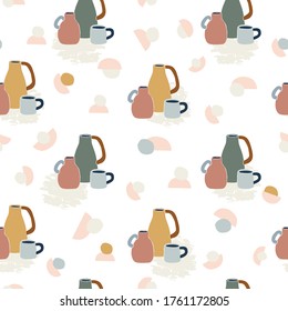 Seamless pattern with ceramic tableware, jugs, vases, homeware drawn by hand. Vector background.