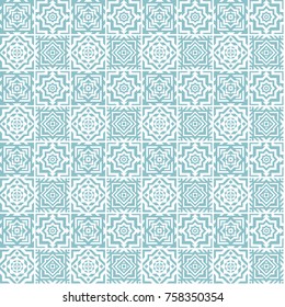 Seamless pattern of ceramic tile. Simple geometric shapes in blue color. Creative vector background.