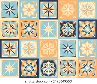 Seamless pattern with ceramic tiles. Ornamental textile background. colorful patchwork from Azulejo tiles. Portuguese and Spain decor. Islam, Arabic, Indian traditional motif. Folk print. Vector