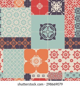 Seamless pattern of ceramic tiles - patterns, RETRO blue-orange-red-violet-beige style.