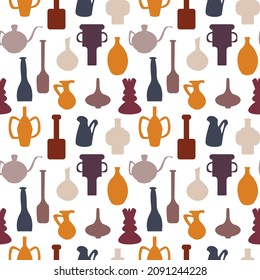 Seamless pattern with ceramic vases, jugs, bottles and vessels. Minimalist boho pattern with handmade crockery in trendy colors. Vector illustration for wallpaper, fabric, t shirt print