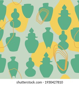 Seamless pattern with ceramic vases on the background of abstract geometric shapes vector illustration.Texture with green ceramic containers for wallpaper, wrapping paper, textiles, fabric.