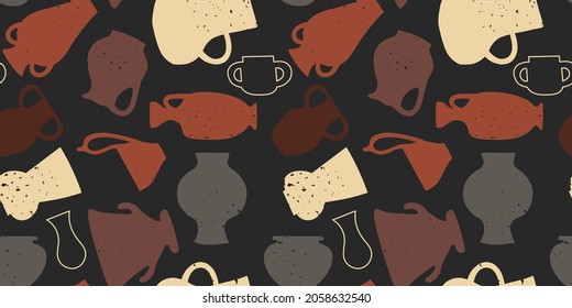 Seamless pattern with ceramic vases of various shapes. Antique ceramics with a stamp texture.
