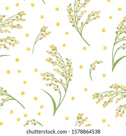 Seamless pattern with cereal plant Proso millet. Vector illustration of ears of millet and yellow grains in cartoon flat style.