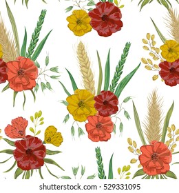 Seamless pattern with cereals. Barley, wheat, rye, rice,oat and poppy. Collection decorative floral design elements. Isolated elements. Vintage vector illustration in watercolor style.