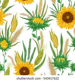 Seamless pattern with cereals and sunflowers. Barley, wheat, rye, corn and millet. Rustic floral background. Vintage vector botanical illustration in watercolor style.