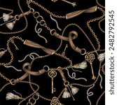 Seamless pattern with chain, belt and key. Vector