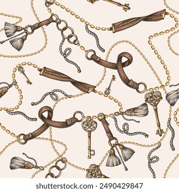 Seamless pattern with chain, belt and key. Vector