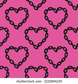 Seamless pattern with chain hearts. Emo background black on pink background