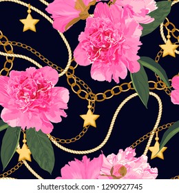 Seamless pattern with chain, peonies and stars. Embroidery for fabric, textile. Vector illustration