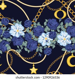 Seamless pattern with chain, roses and stars. Embroidery for fabric, textile. Vector illustration