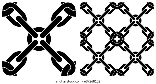 Seamless pattern of chain. Single pattern is shown in the left. The example of assembly seamless is shown in the right.  