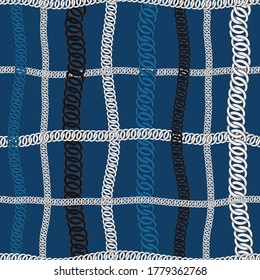 Seamless pattern of Chain vector white,blue,and black chain in grid window check illustration set of chaining string and necklace design for all prints on dark blue background color