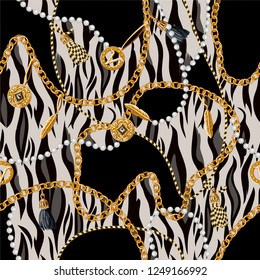 Seamless pattern with chains, anchor, coins on tiger background.