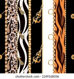 Seamless pattern with chains, anchor, coins on leopard and zebra background.