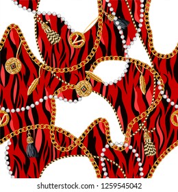 Seamless pattern with chains, anchor, coins on tiger background.