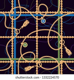 Seamless pattern with chains, belts, pendant and tassels. Colorful trendy jewelry print for fabric, scarf, cravat design. Deep blue color. Vector