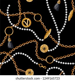 Seamless pattern with chains, coins, feather and jewelry. 