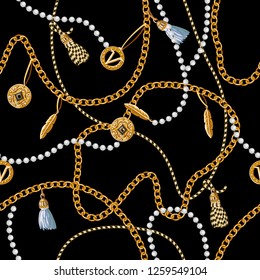 Seamless pattern with chains, coins, feather and jewelry. 