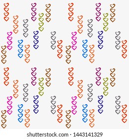 Seamless pattern of chains of multicolored hearts from watercolor brush on white background. Chains scattered randomly. Vector drawing in Scandinavian style for textiles, tableware, packaging, website