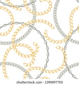 Seamless pattern with chains on a white background. Vector illustration of gold and silver jewelry in cartoon flat style.