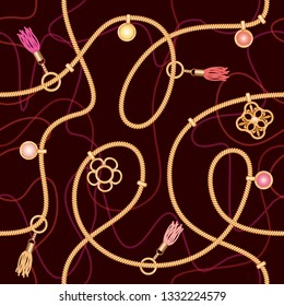 Seamless pattern with chains, pendant and tassels. Colorful trendy jewelry print for fabric, scarf, cravat design. Deep red color. Vector