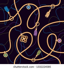 Seamless pattern with chains, pendant and tassels. Colorful trendy jewelry print for fabric, scarf, cravat design. Deep blue color. Vector