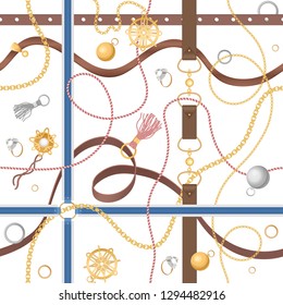 Seamless pattern with chains, rings and jewelry golden accessories vector illustration.