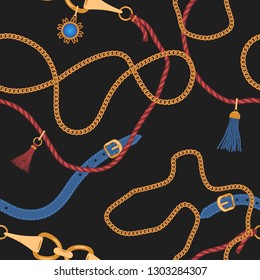 Seamless pattern with chains straps and belts. Pendants background for for fabric design. Vector illustration. 
