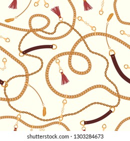 Seamless pattern with chains straps and belts, pendant. Background for for fabric design. Vector illustration.