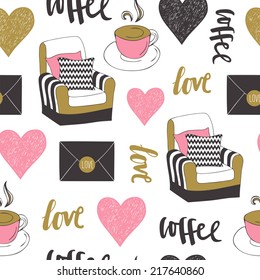 Seamless pattern with chair, coffee, love letter. "Relax time". Used for wallpaper, pattern fills, web page background,surface textures.
