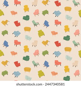 Seamless pattern with chairs and armchairs on beige background. Background with modern colorful upholstered furniture. Flat vector design for packaging, interior decor, wrapping, cover and fabric.