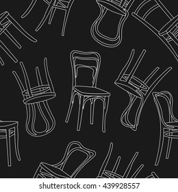 Seamless pattern chairs. Line drawing of white chairs on a dark gray background.