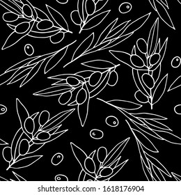 Seamless Pattern Chalk Board Olives. White Outline olive branches isolated on black background. Randomly arranged Berries and olive leaves. Vector natural illustration for textile, wrapping paper