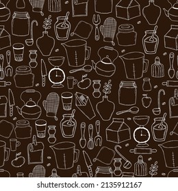 Seamless pattern with Chalk cooking tools kitchenware and dishes, pot holder and jars, teapot, saucepan, coffee maker, ladle and knife on dark background. Vector illustration. Outline linear doodle