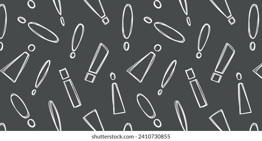 Seamless pattern chalk doodles exclamation marks on black chalkboard . Exclamation marks set on black background. Scribble exclamation point sign. Sketch of punctuation sign pattern