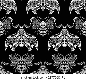 Seamless pattern with chalk drawing bee and moth with boho decoration. Vector monochrome texture with white night butterfly and bumblebee with tracery ornament. Entomology fabric on black background.